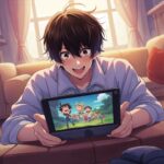 "A happy child watching anime on a tablet in a cozy living room with bright colors and soft lighting showing a cheerful cartoon scene on screen"