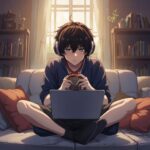 A child sitting on a couch with headphones watching anime on a laptop the screen shows colorful cartoon characters the room is cozy with books and soft pillows