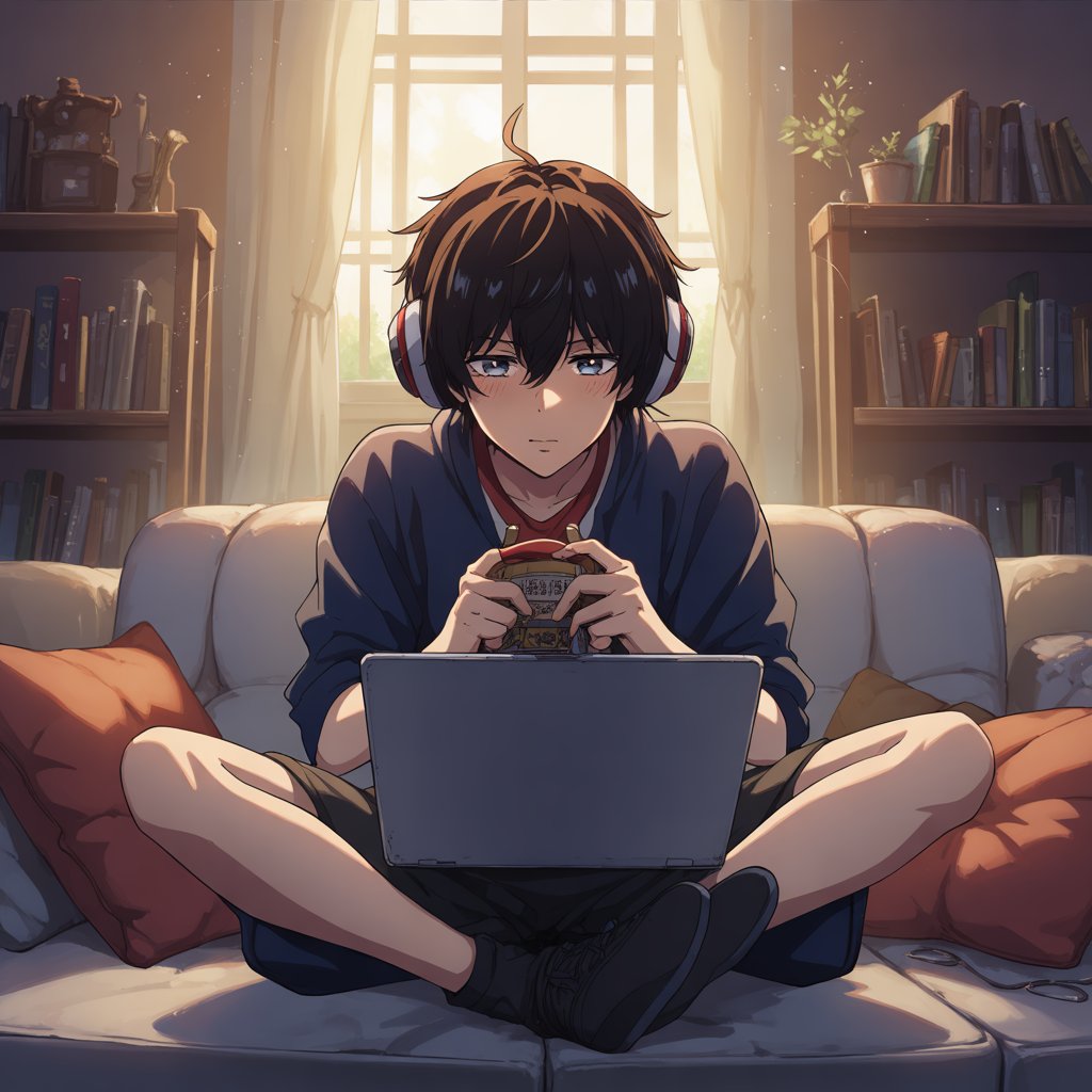 A child sitting on a couch with headphones watching anime on a laptop the screen shows colorful cartoon characters the room is cozy with books and soft pillows