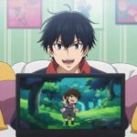 A smiling child watching anime on a laptop in a bright room with colorful posters and soft pillows the screen shows a cartoon character in a magical forest in clear 1080p