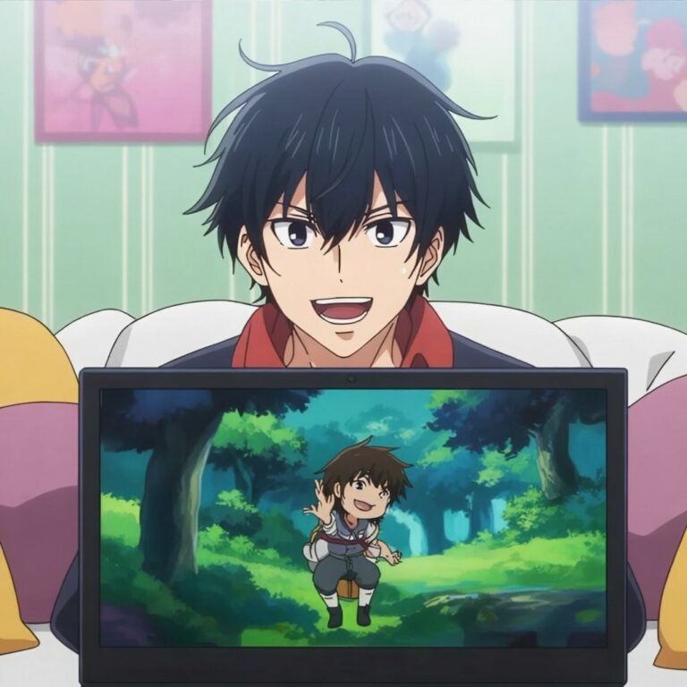A smiling child watching anime on a laptop in a bright room with colorful posters and soft pillows the screen shows a cartoon character in a magical forest in clear 1080p
